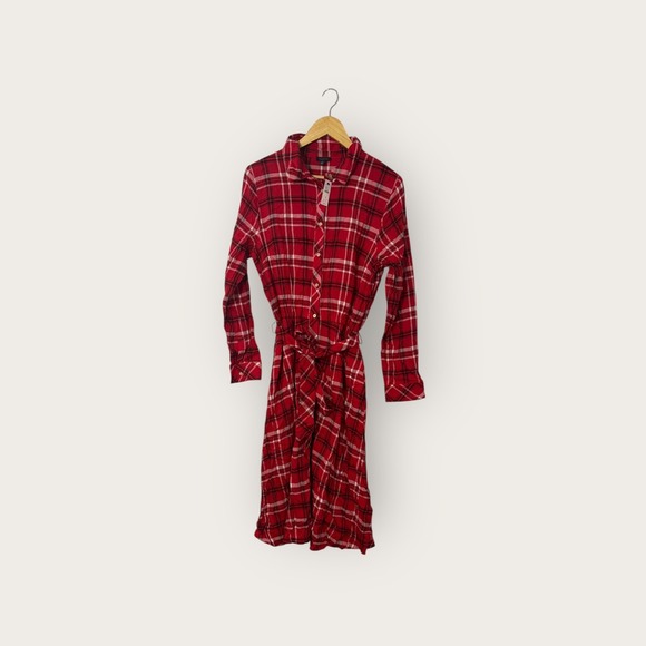 Talbots Dresses & Skirts - Talbots Women's Red Plaid Flannel Shirt Dress Size 12 Long Sleeve Tie Waist NWT